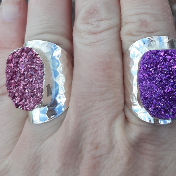 Pink Titanium Druzy Silver Plated Adjustable Ring. - Picture 6 of 8